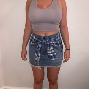 Denim Skirt with Plaid Sleeve Waist-Tie Belt